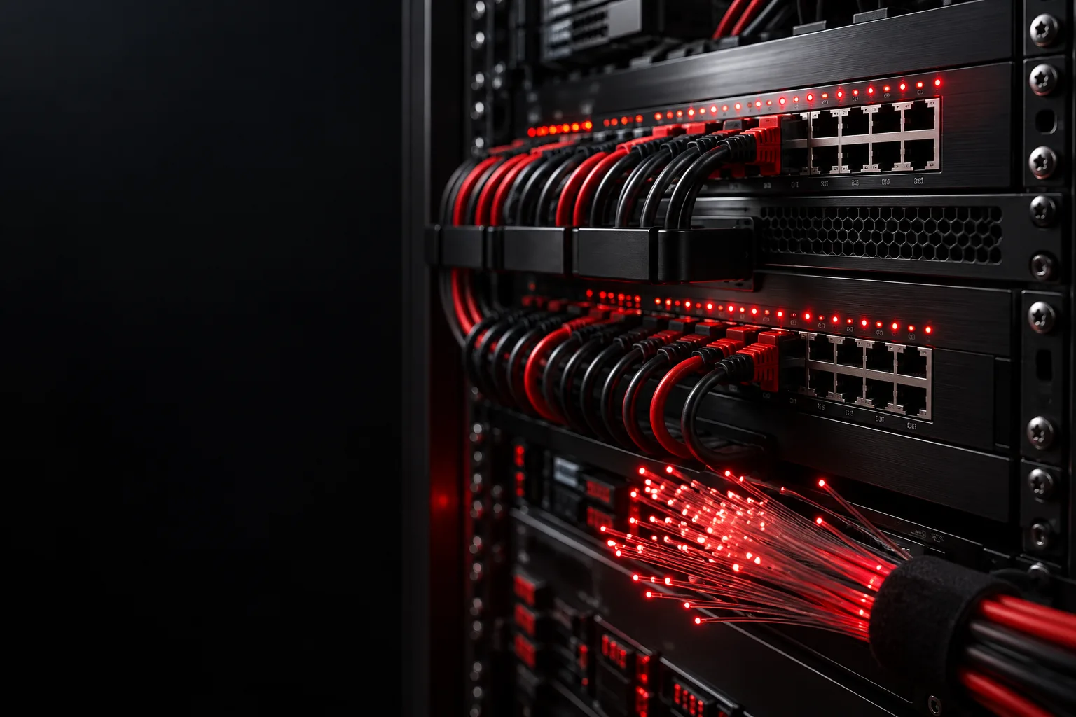 Illustration of network switches and fiber connections with red accent lighting